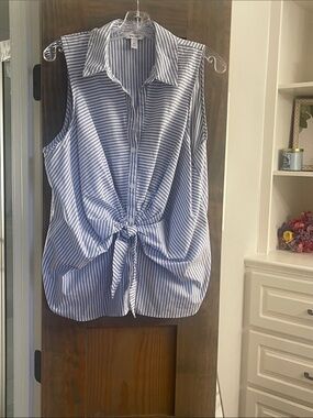Nine West Blue and White Striped Sleeveless Button-Down Tie Front Shirt